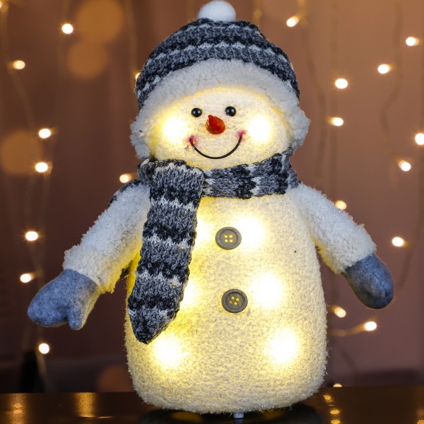 LED Schneemann - mit Mütze und Schal - Dekofigur - H: 35cm - 8 warmweiße LED - Batterie - grau/weiß