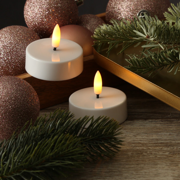 LED Maxi Teelichter - flackernde 3D Flamme - Kunststoff - Timer - D: 5,8cm - weiß - 2er Set