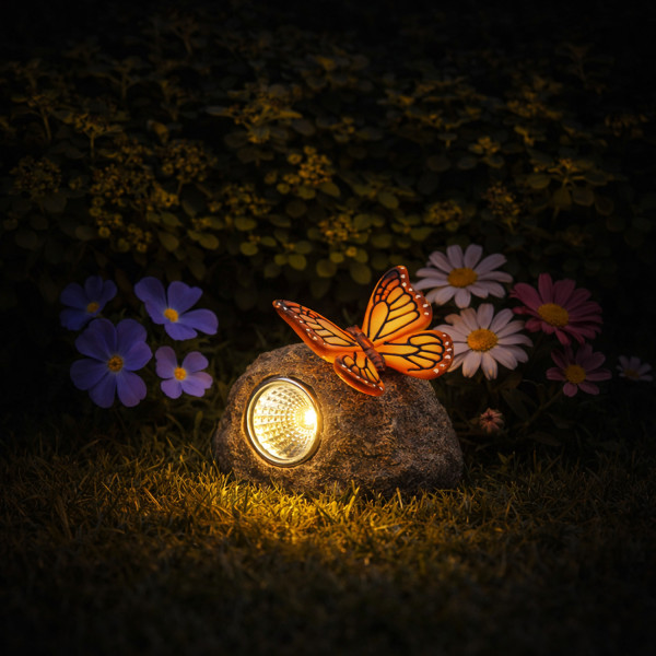 LED Solar Stein mit orangenem Schmetterling - Gartenfigur - warmweiße LED - H: 9cm - Lichtsensor