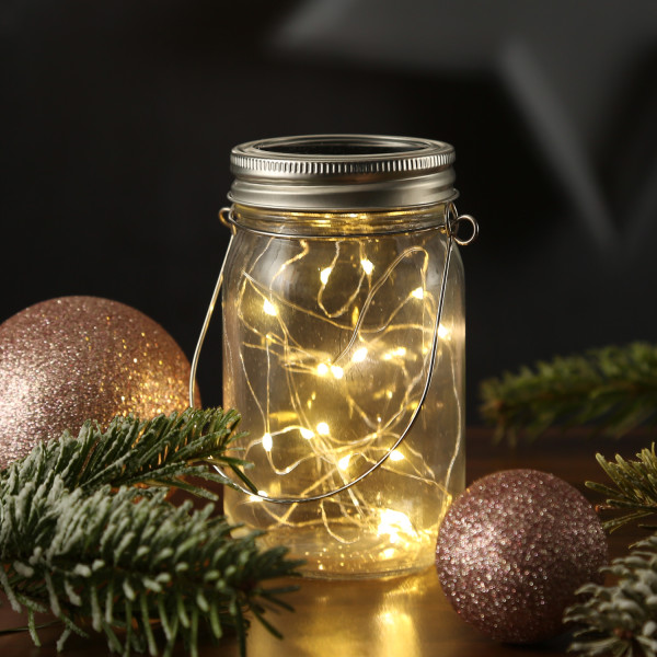 LED Solar Glas - Windlicht mit Drahtlichterkette - Lichtsensor - H: 13cm - transparent