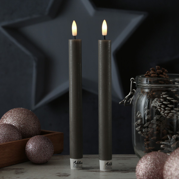 LED Stabkerzen LINA - Rustik-Optik - Echtwachs - 3D Flamme - H: 24cm - Timer - grau - 2er Set