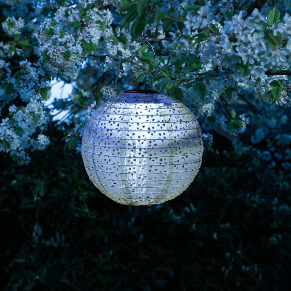 LED Solar Lampion - mit Blumenmuster - warmweiße LED - H: 25cm - D: 25cm - Lichtsensor - blau
