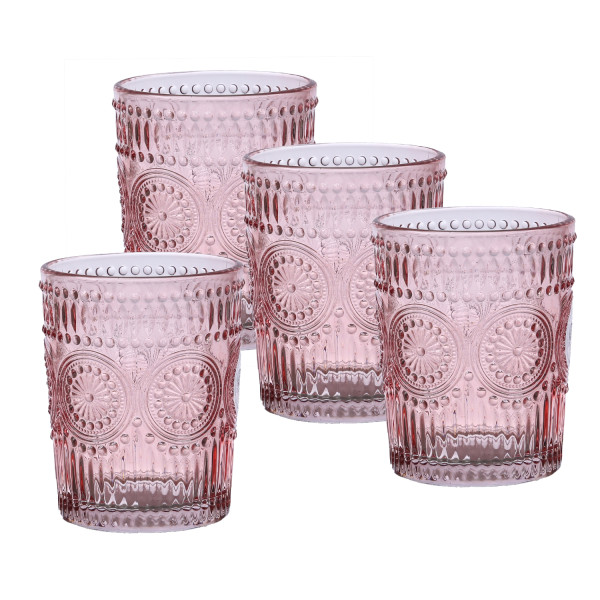 Trinkgläser Vintage mit Blumenmuster - Glas - 280ml - H: 10cm - Bohostil - rot - 4er Set