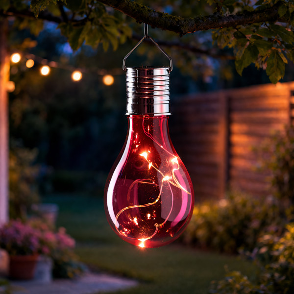 LED Solar Glühbirne GLOW - warmweiße LED Drahtlichterkette - H: 14cm - Lichtsensor - outdoor - pink