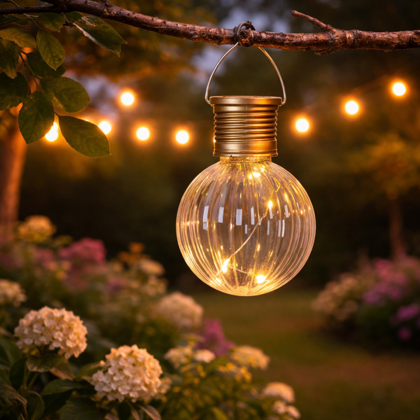 LED Solar Glühbirne GLOW - Kugelleuchte - 4 warmweiße LED Drahtlichterkette - H: 11cm, D: 8cm - klar