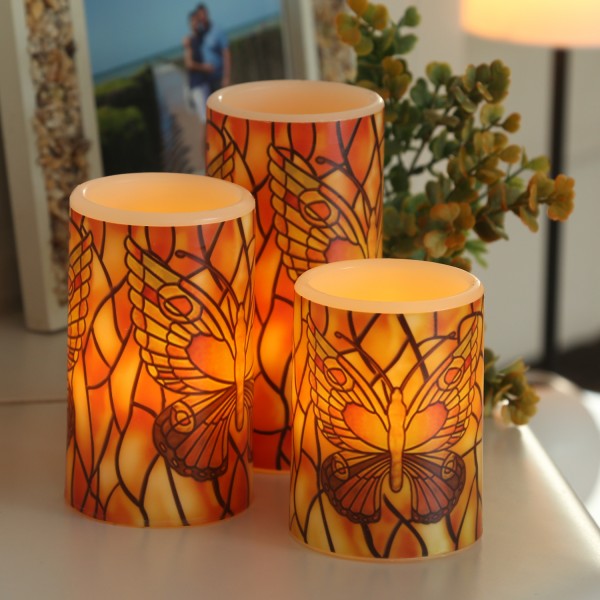 LED Kerzen Schmetterling - Echtwachs - flackernde LED - Fernbedienung - H: 10/12/15cm - 3er Set