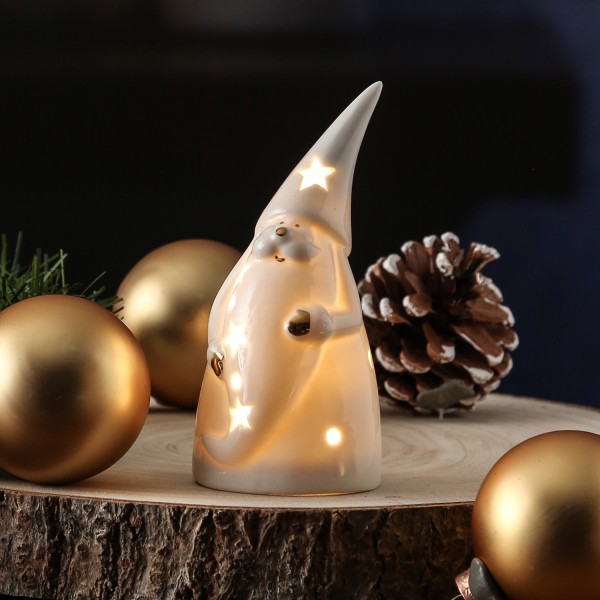 LED Weihnachtsmann - Dekofigur - Porzellan - goldene Applikationen - H: 12cm - Batterie - weiß