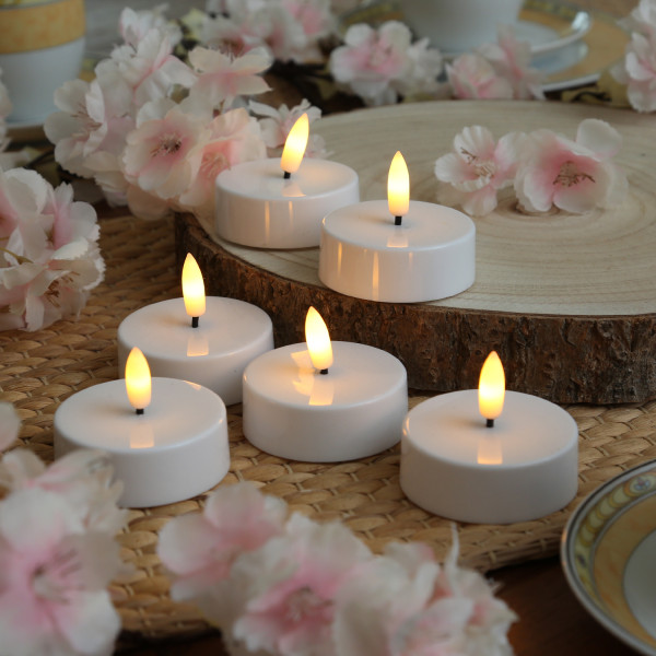 LED Maxi Teelichter - flackernde 3D Flamme - Kunststoff - Timer - D: 5,8cm - weiß - 6er Set