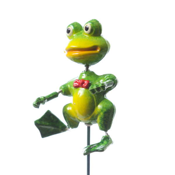 Gartenstecker wackelnder Frosch Quaki mit Fliege - Beetstecker - H: 54cm - für Außen - grün