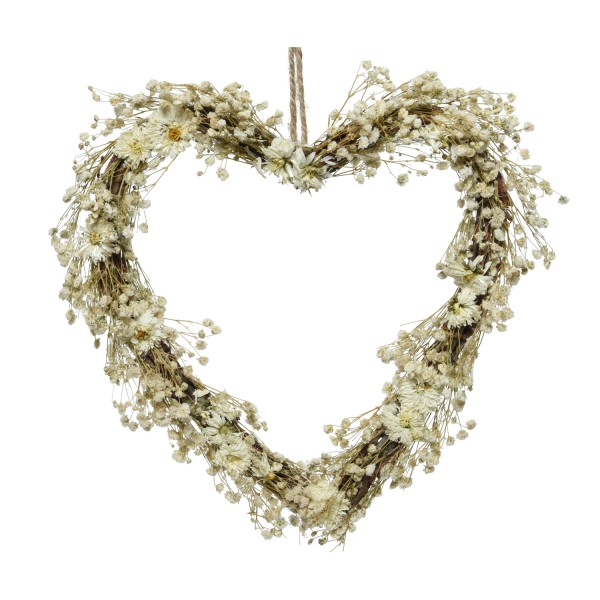 Dekokranz aus Trockenblumen - in Herzform - Wandkranz - Türkranz - H: 26cm - für Innen - creme