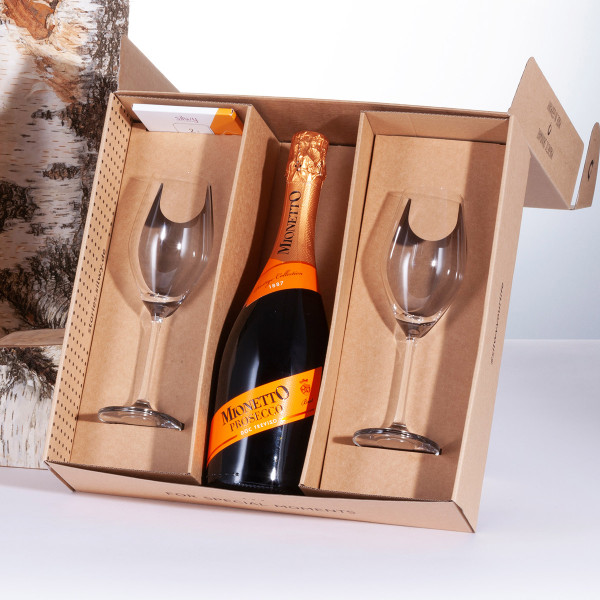 SILWY Prosecco Set - 2 x Kristallgläser - Metall-Nano-Gel-Pads - Prosecco 0,75L - Geschenkbox