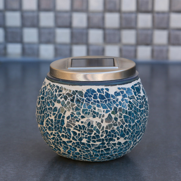 LED Solar Windlicht - Mosaik Glas - Lichtsensor - H: 10cm - für Außen - blau