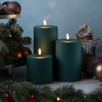 Vorschau: LED Stumpenkerze MIA - Kunststoff - realistische 3D Flamme - H: 10cm - D: 10cm - Außen - dunkelgrün Vorschau: LED Stumpenkerze MIA - Kunststoff - realistische 3D Flamme - H: 10cm - D: 10cm - Außen - dunkelgrün