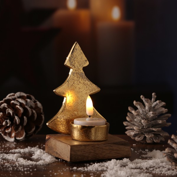 Teelichthalter TANNENBAUM - Aluminium - Mangoholzsockel - H: 13,2cm - natur, gold