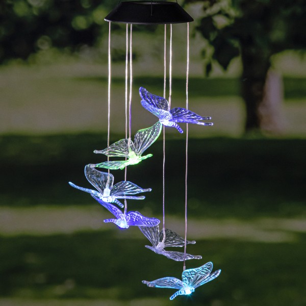 LED Solar Windspiel Schmetterlinge - farbwechselnde LED - Dämmerungssensor - H: 70cm - bunt