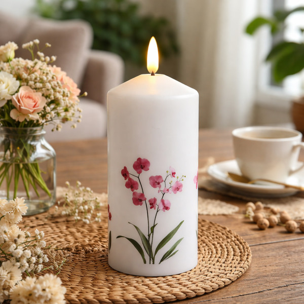 LED Kerze mit Orchideen Motiv - Echtwachskerze mit Blumen Design - H: 18,5cm - D: 7cm - Timer