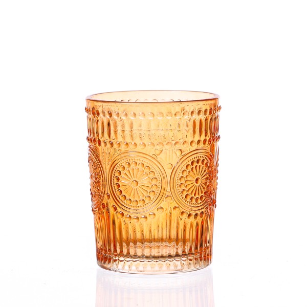 Trinkglas Vintage mit Blumenmuster - Glas - 280ml - H: 10cm - Bohostil - orange