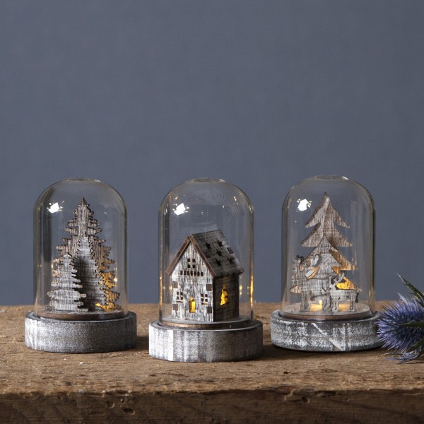 LED Deko in Glas - 3er Set - Baum, Haus, Rentiere - Holzdekoration braun - warmweiße LED - H: 8,5cm