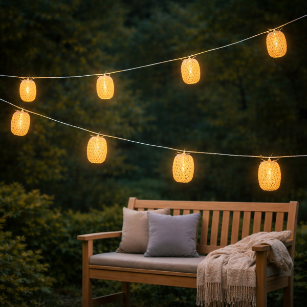 LED Solar Lichterkette Boho - 10 Kugeln in Rattanoptik - L: 4,5m - Lichtsensor - creme