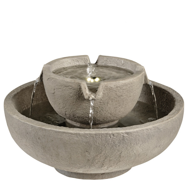 LED Solar Brunnen - Gartenbrunnen - GRC Beton - 6 warmweiße LED - D: 43cm - grau