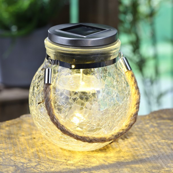 LED Solar Glas SUNNY - H: 14cm - schönes Dekoglas mit Seil - Farbwechsel oder Weiß