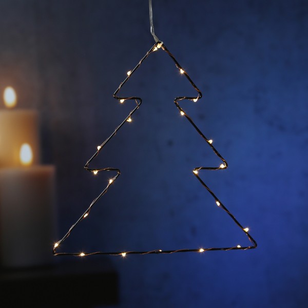 LED Baum - Metall - hängend - 24 warmweiße LED - 24cm - Batterie - kupferfarbener Draht - schwarz