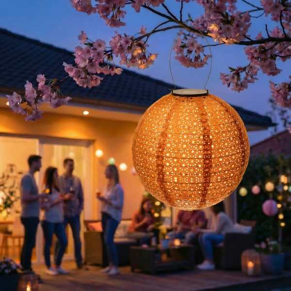 LED Solar Lampion - mit Blumenmuster - warmweiße LED - H: 25cm - D: 25cm - Lichtsensor - braun