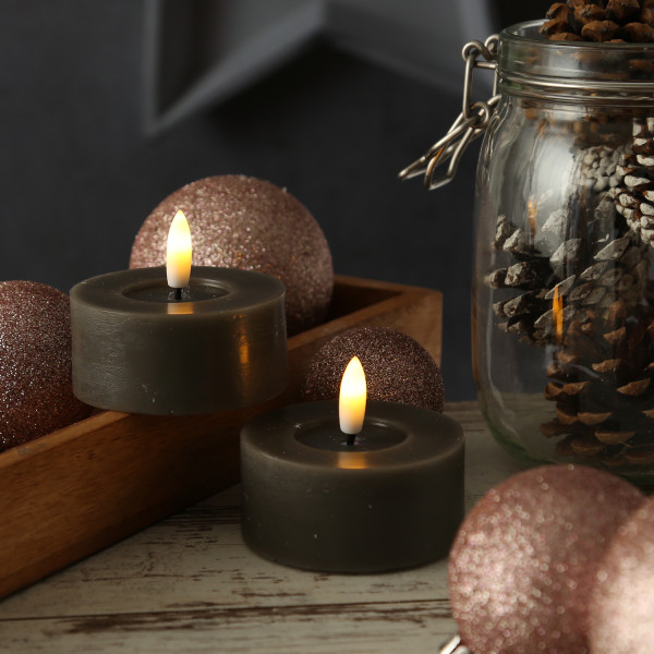 LED Maxi Teelichter LINA - Rustik-Optik - Echtwachs - Timer - D: 7cm - H: 6cm - grau - 2 Stück