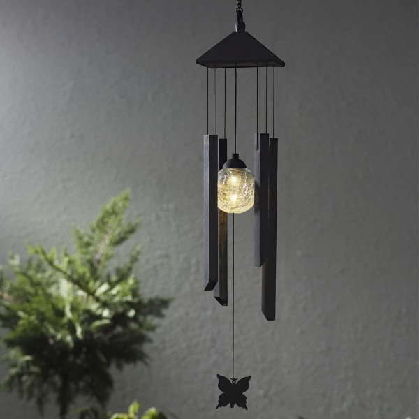 LED Solar Windspiel Schmetterling - warmweiße klare Kugel - Dämmerungssensor - H: 70cm - schwarz