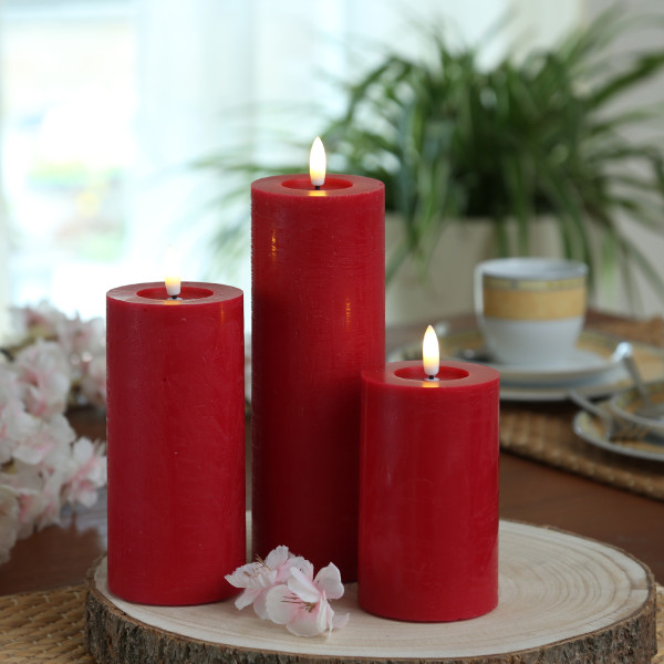 LED Kerzenset LINA - Rustik-Optik - Echtwachs - 3 Größen - D: 7cm - Timer - rot - 3er Set