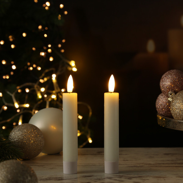 LED Stabkerzen LINA - Rustik-Optik - Echtwachs - 3D Flamme - H: 16cm - Timer - weiß - 2er Set