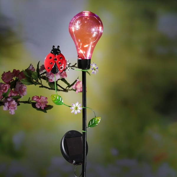 LED Solar Gartenstecker Glühbirne mit Marienkäfer - 5 warmweiße LED - H: 84cm - Lichtsensor
