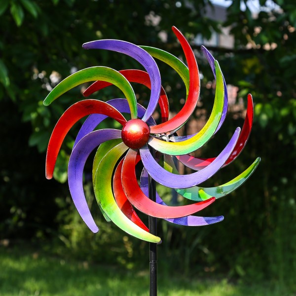 Doppel Windrad - Gartendeko - Metall - Erdspieß - H: 140cm - rot, blau, grün