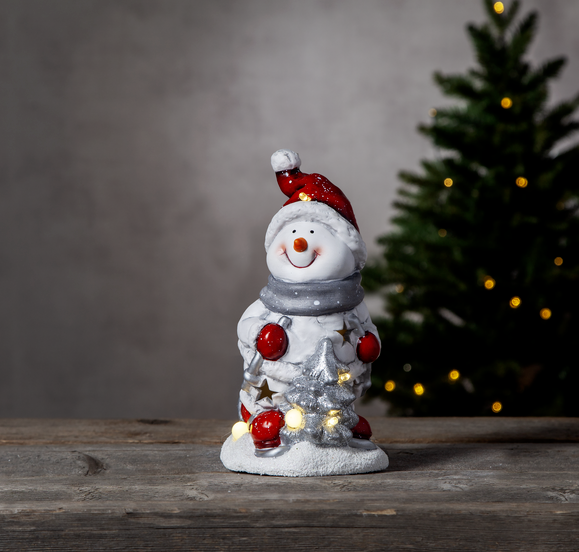 LED Keramik Figur "Friends" - Schneemann - 6 warmweiße LED - H: 23cm - Batteriebetrieb