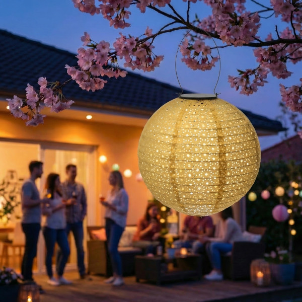 LED Solar Lampion - mit Blumenmuster - warmweiße LED - H: 25cm - D: 25cm - Lichtsensor - gelb