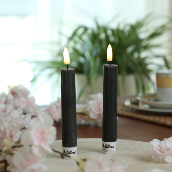 LED Stabkerzen LINA - Rustik-Optik - Echtwachs - 3D Flamme - H: 16cm - Timer - schwarz - 2er Set