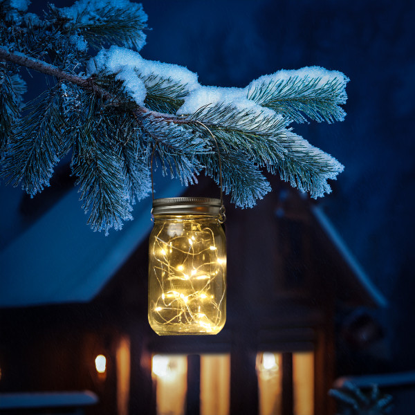 LED Solar Glas - Windlicht mit Drahtlichterkette - Lichtsensor - H: 13cm - transparent