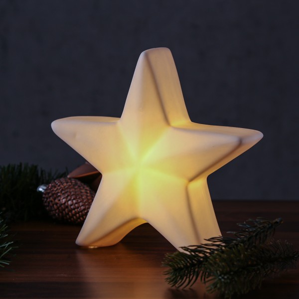 LED Stern - Dekostern - warmweiße LED - Porzellan - H: 19cm - inkl. Batterie - für Innen - weiß