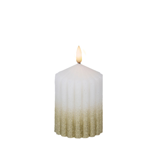LED Kerze LIV - gerillt - Echtwachs - 3D Flamme - H: 10cm - D: 7cm - Timer - weiß/gold