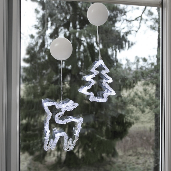 LED-Fensterdeko "Iceglow" - Baum & Rentier - je 6 kaltweiße LED - 2er Set - kristallines Acryl