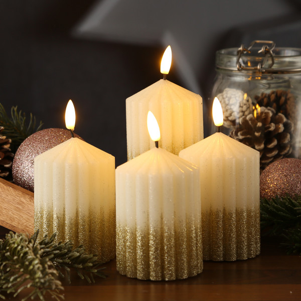 LED Kerzenset LIV - gerillt - Echtwachs - H: 10cm - D: 7cm - Timer - weiß/gold - 4er Set