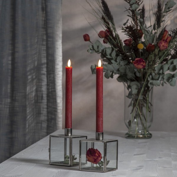 LED Stabkerzen Flamme - Echtwachs - flackernde warmweiße LED - H: 25cm - Timer - rot - 2er Set