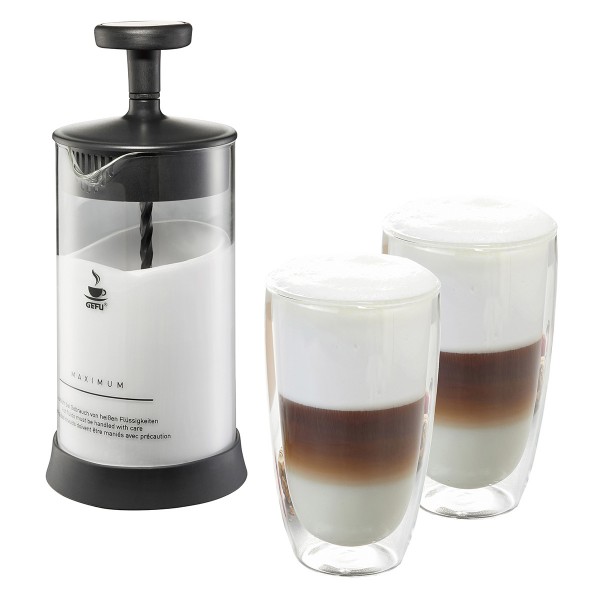 GEFU Set: Milchaufschäumer ANTONIO und 2 Latte Macchiato Gläser (je 350ml)