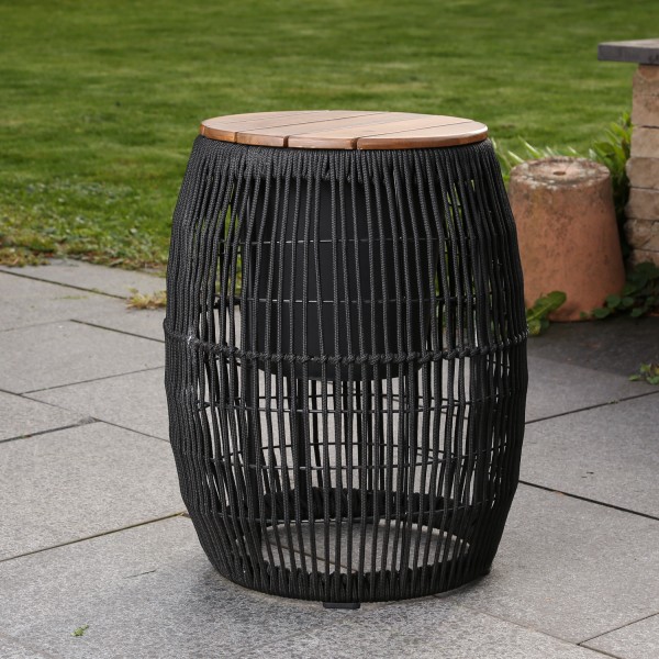 Garten Beistelltisch - integrierter Behälter - Kunststoffseil - H: 49cm - D: 40cm - schwarz