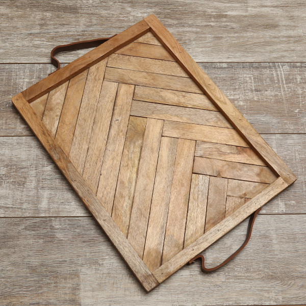 Holztablett - Dekotablett - Kunstledergriffe - rechteckig - Mangoholz - L: 41cm - H: 3cm - natur