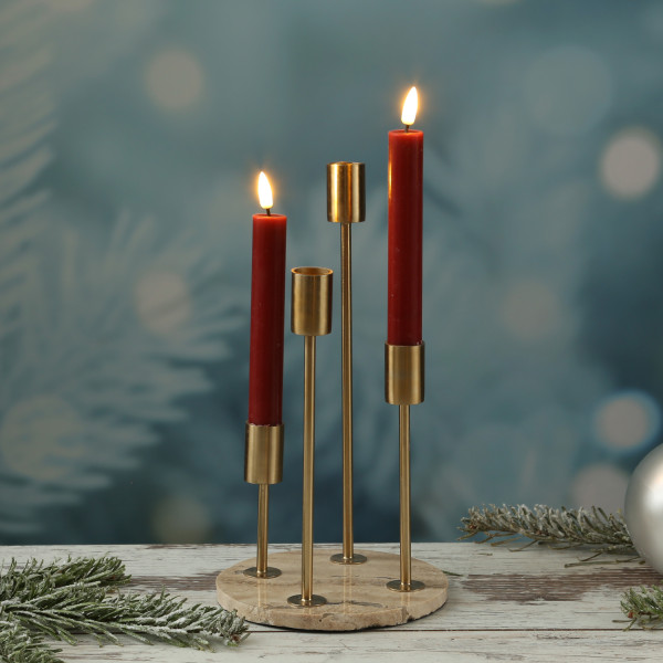 Stabkerzenhalter - Kerzenständer - Marmorplatte - 4 goldfarbene Kerzenhalterungen - H: 28cm - beige