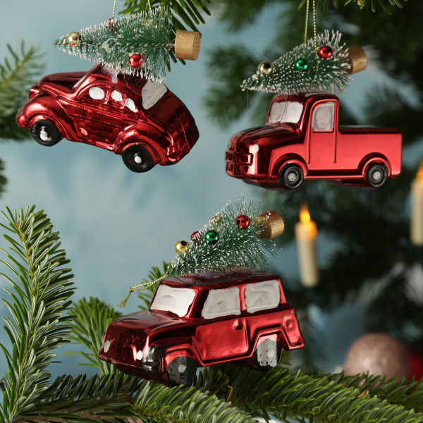 Weihnachtsbaumschmuck Mini Autos mit Weihnachtsbaum - bruchfest - H: 9cm - 3er Set - rot