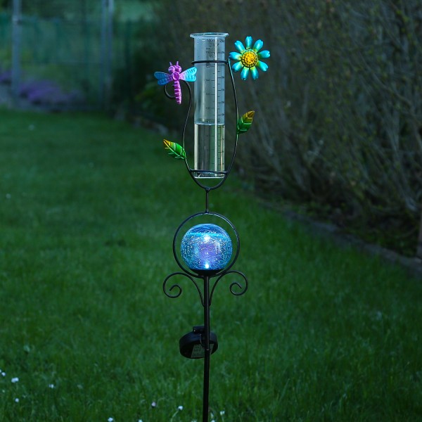 LED Solar Regenmesser LIBELLE - Gartenstecker - H: 93cm - Lichtsensor - blaue Kugel