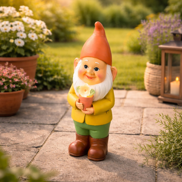 LED Solar Gartenzwerg mit Blume - Gartenfigur - warmweiße LED - Lichtsensor - H: 28,5cm