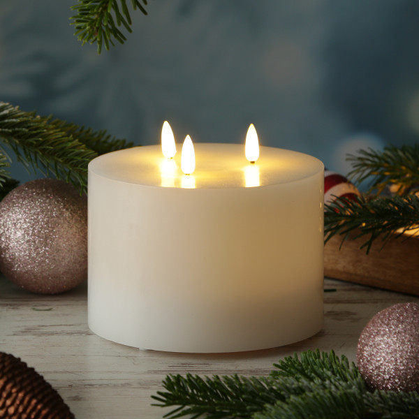 XXL LED Kerze - 3-Docht - Echtwachs - H: 13cm, D: 15cm - Batteriebetrieb - Timer - weiß